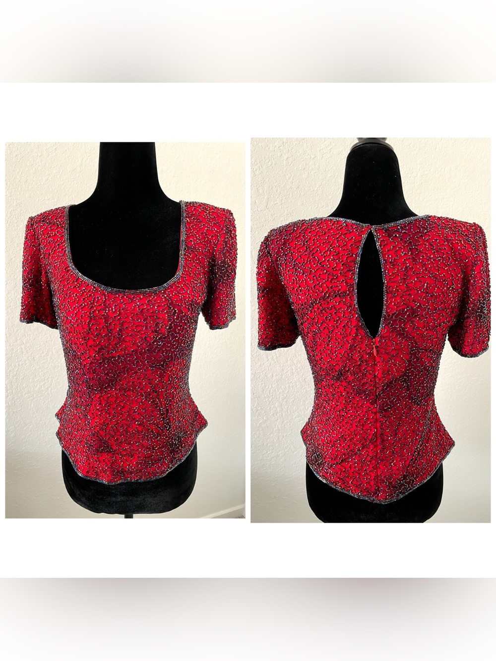 Vintage AD Andretta Donatello Red Beaded Silk Blouse Short Sleeve S